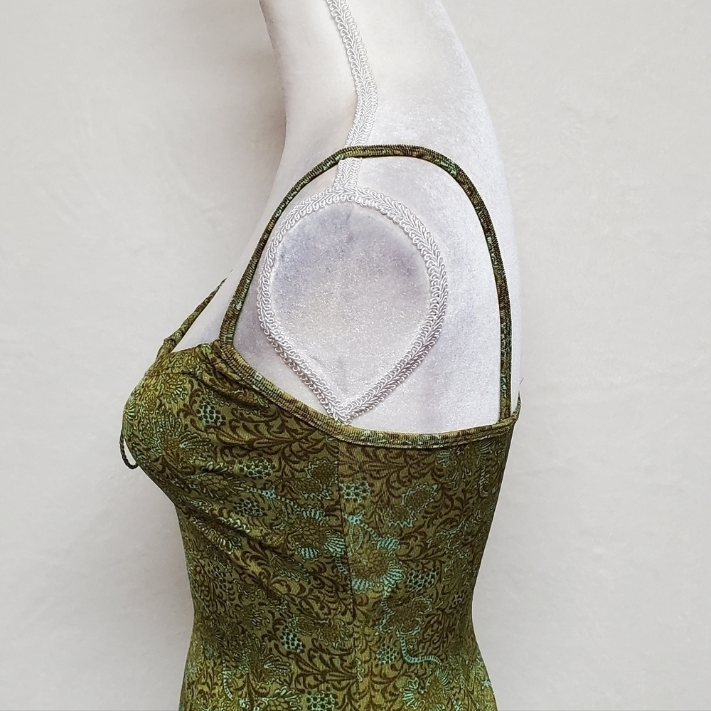 VINTAGE A. Aubrey Green Paisley Stretchy Pin-up Tie Bust Midi Bodycon Dress S - Picture 11 of 16